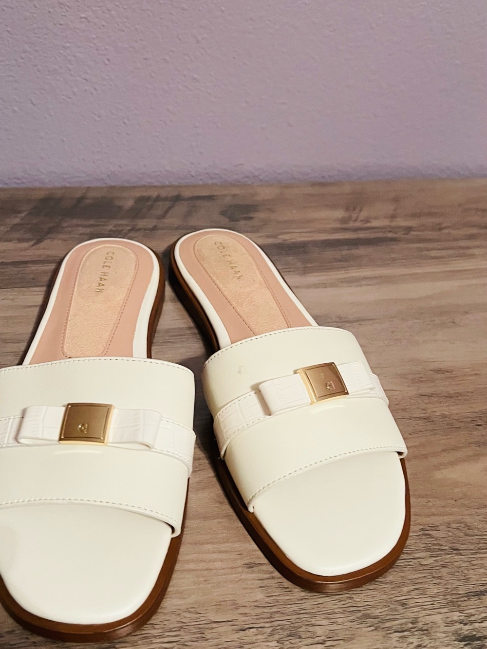 Cole Haan Cream Slide Sandals with Gold Buckle
